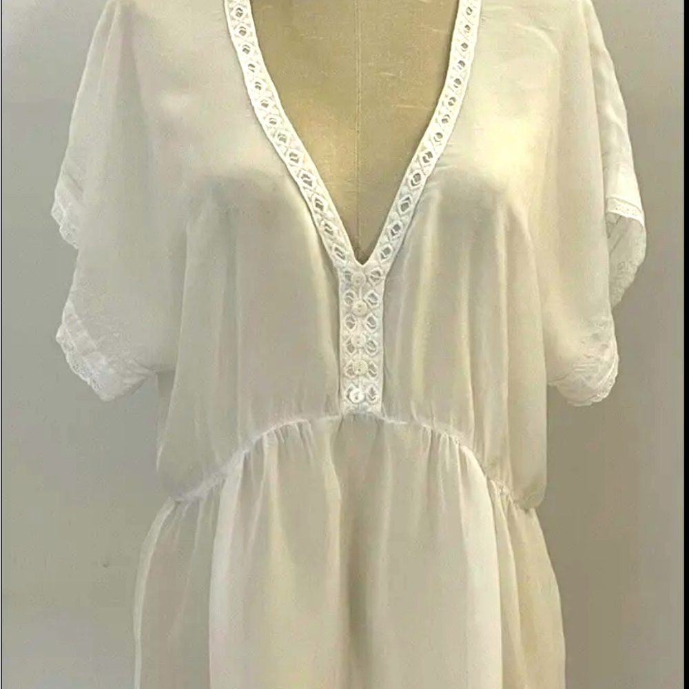 Small Johnny Was Sheer White Cupra Crochet Lace Trim Boho Peasant Tunic Top S